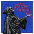 An artwork depicting a hooded figure in dark robes releasing or catching red particles, set against a blue background.