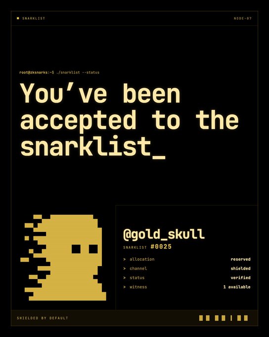 A digital graphic with retro terminal-style text reading 'You've been accepted to the snarklist_' featuring a pixelated gold skull avatar for '@gold_skull', SNARKLIST #0025, marked as 'SHIELDED BY DEFAULT'.