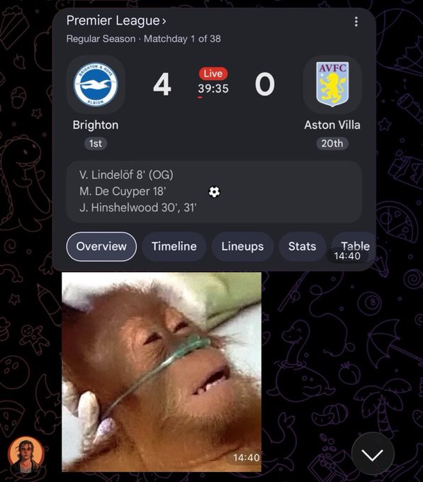 Premier League live match score widget showing Brighton leading Aston Villa 4-0 at 39:35 on Matchday 1, with goals by Lindelöf (OG), De Cuyper, and Hinshelwood (x2); below is a meme photo of a man with an oxygen tube.