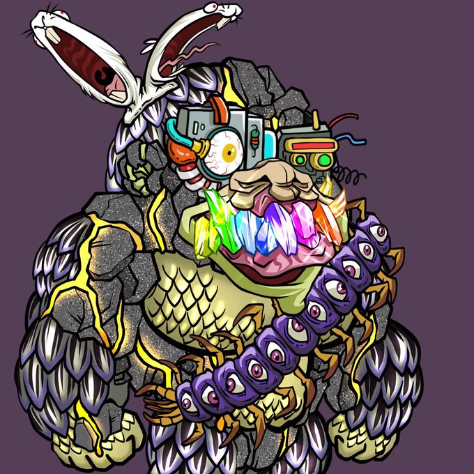 A chaotic digital illustration features a monstrous character with rainbow-colored sharp teeth, a single large eye, mechanical goggles, and a cluster of purple eyes attached to its body.