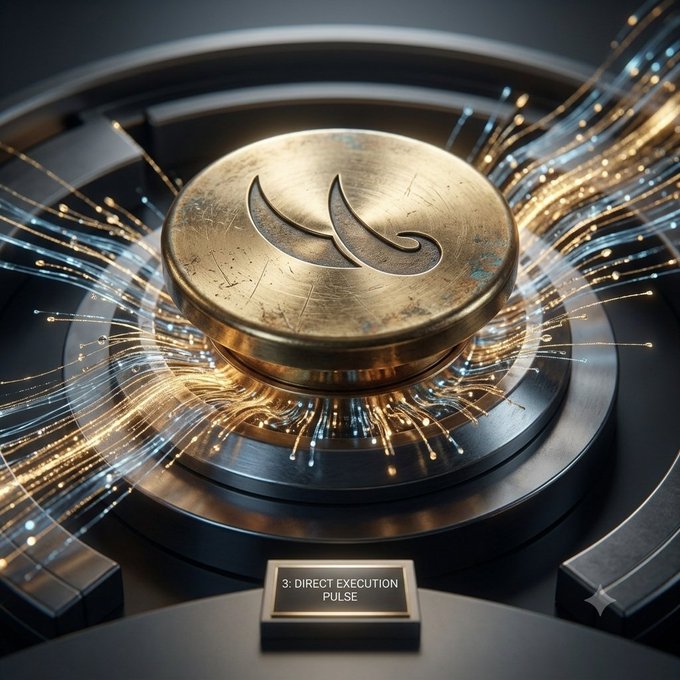 A close-up of a golden circular emblem with an engraved 'W' design sits on a dark metallic surface surrounded by glowing fiber optic lines, with a label reading '3. DIRECT EXECUTION PULSE'.