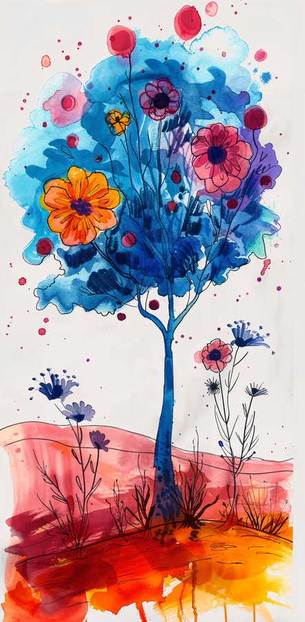 A colorful watercolor painting depicting a stylized tree with a blue canopy filled with pink and orange flowers, set against a red and orange landscape.