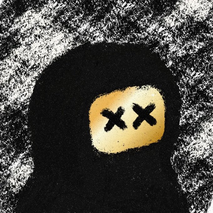 An artistic image of a dark silhouette against a textured black and white background, featuring a glowing face with X's for eyes.