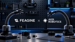 A dark, industrial workshop scene featuring two robotic arm workstations with a banner reading "FEAGINE × AXIS ROBOTICS" overlaid in the foreground.
