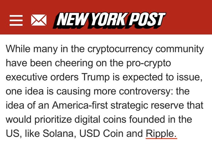 The image is a New York Post article excerpt discussing Trump's anticipated pro-crypto executive orders, specifically highlighting a controversial proposal for an America-first strategic reserve prioritizing US-founded digital coins like **Solana**, **USD Coin**, and **Ripple (XRP)**. This aligns with the accompanying post's claim that XRP and SOL are gaining mainstream media attention, validating insider awareness as the news spreads to the general public.