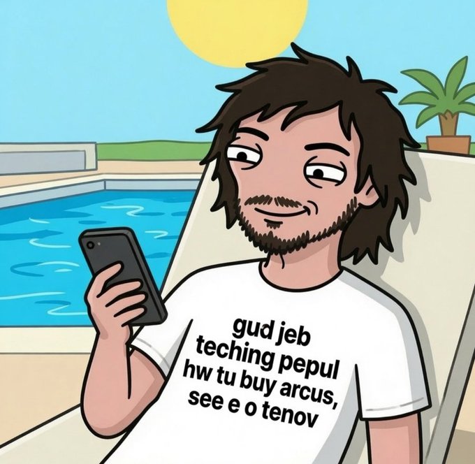 A cartoon illustration of a bearded man lounging by a pool holding a phone, wearing a t-shirt that reads 'gud jeb teching pepul hw tu buy arcus, see e o tenov'.