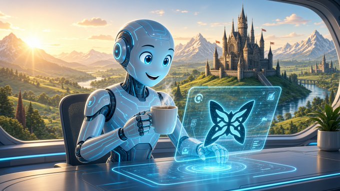 A friendly white robot sits at a table enjoying a cup of coffee while interacting with a holographic butterfly interface, set against a fantastical landscape featuring a castle and mountains.