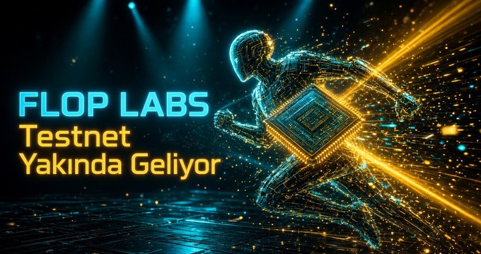 A 'FLOP LABS' promotional banner reads 'Testnet Yakında Geliyor' alongside a futuristic humanoid figure holding a glowing chip.
