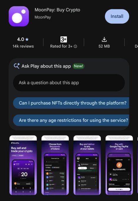 Google Play Store listing for MoonPay, a 4.0-star crypto buying app with 14k reviews, illustrating the platform's recent expansion into Nigeria.