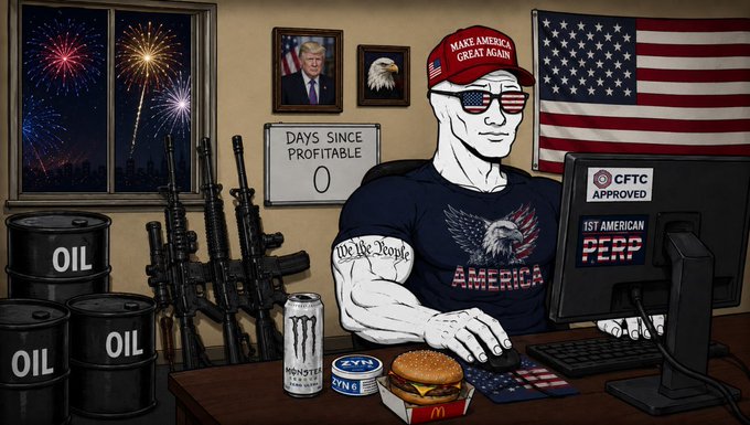 The image features a cartoon depiction of a man sitting at a desk, wearing sunglasses and a red baseball cap with "Make America Great Again" written on it. The man has a computer monitor in front of him and a keyboard nearby. On his desk, there are several items such as a can of beer, a burger, and a soda can. A sign is also visible in the background that says "days since profitable".