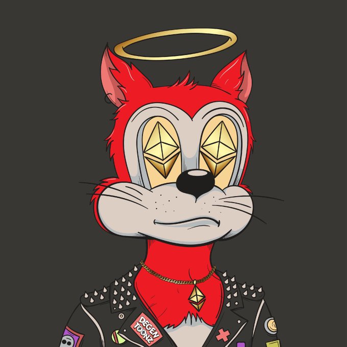 A cartoon illustration of a red fox character with diamond-shaped eyes, a gold halo, and a black spiked jacket featuring patches like 'DEGEN TOONZ'.