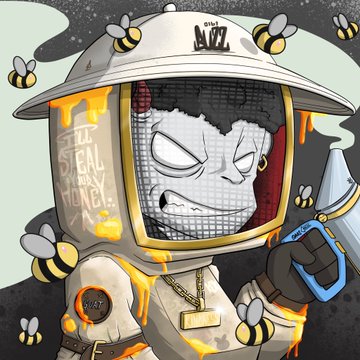 A cartoon goat in a beekeeper suit drips honey, wearing a hat labeled "GOAT BUZZ" with the text "I STILL SAY HONEY" on its chest, surrounded by bees. The playful bee-themed illustration matches the post's theme of liking goats and bees, appearing to be the user's custom submission tagging @GoatsOfSolana.