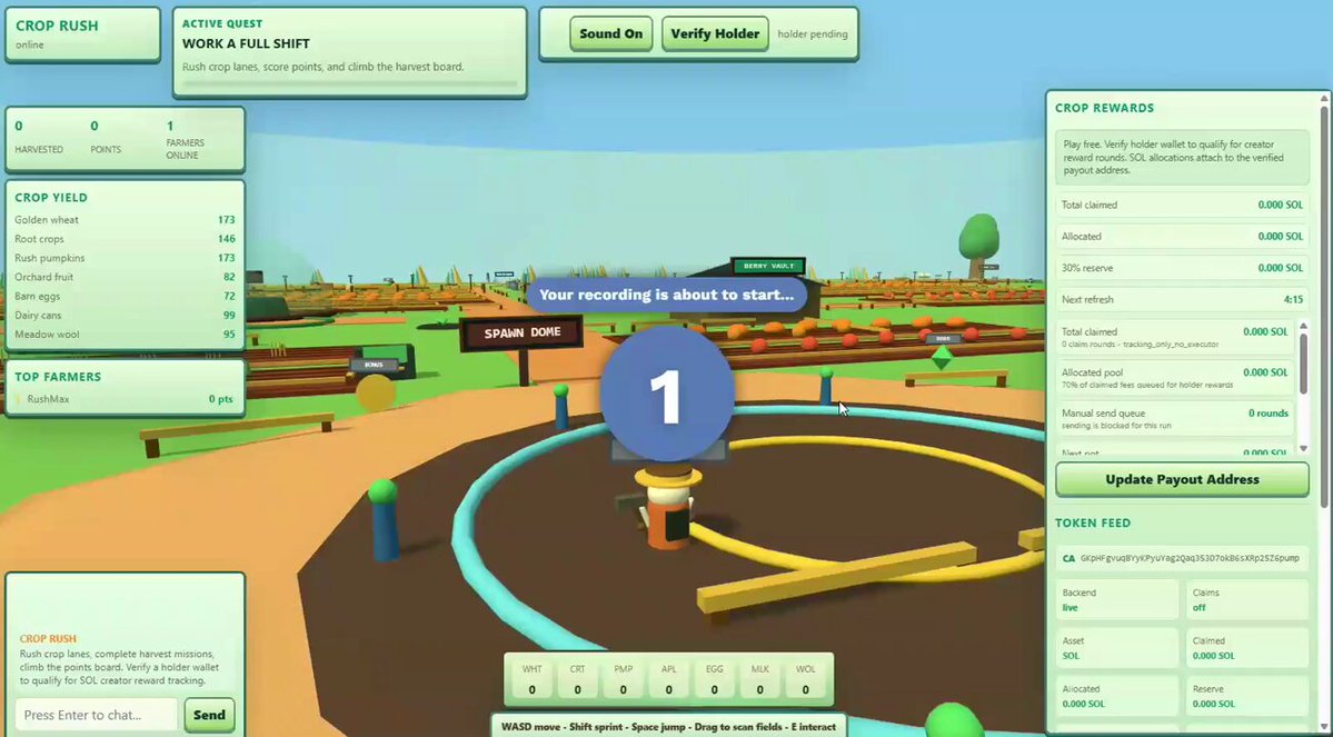 The image shows a computer screen with a game interface, likely for a farming game called "Crop Rush". The main focus of the image is a blue circle with the number 1 inside it, which appears to be a leaderboard or scoreboard for the game. The background features a green field and trees, giving an impression that the game takes place in a rural setting. There are also several other elements on the screen, such as a menu bar, a scorecard, and a chat window.