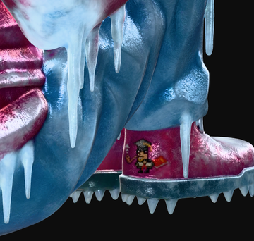 A close-up of an ice skate featuring a pink and blue color scheme, covered in frost and icicles, with a small cartoon mouse visible on the tongue of the boot.