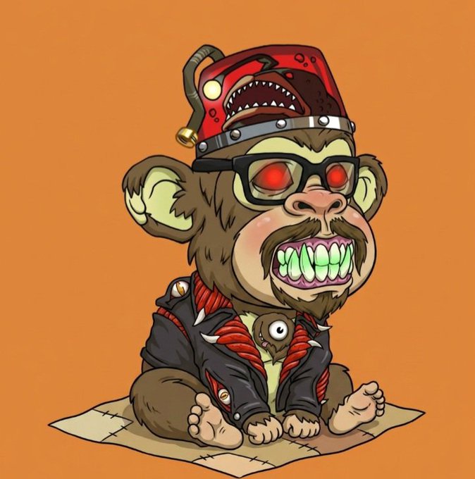 A cartoon illustration of a Bored Ape-style monkey with glowing red eyes, wearing spiked attire, a red helmet, and a jacket, with a small monkey on its chest.
