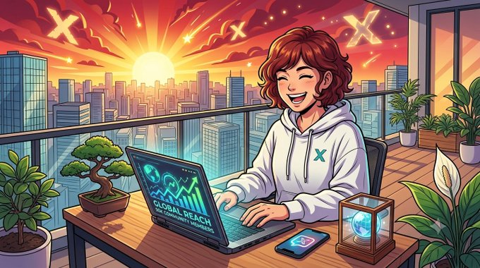 An anime-style illustration of a smiling person in a white hoodie working on a laptop displaying 'GLOBAL REACH' on a balcony overlooking a sunset cityscape.