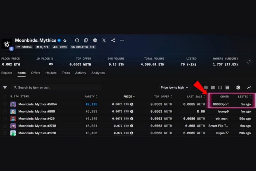 A screenshot of an NFT marketplace displays the 'Moonbirds: Mythics' collection. A red arrow highlights the owner '8888Sport' for item #5054, which is listed at 0.0675 ETH with a floor price of 0.062 ETH.