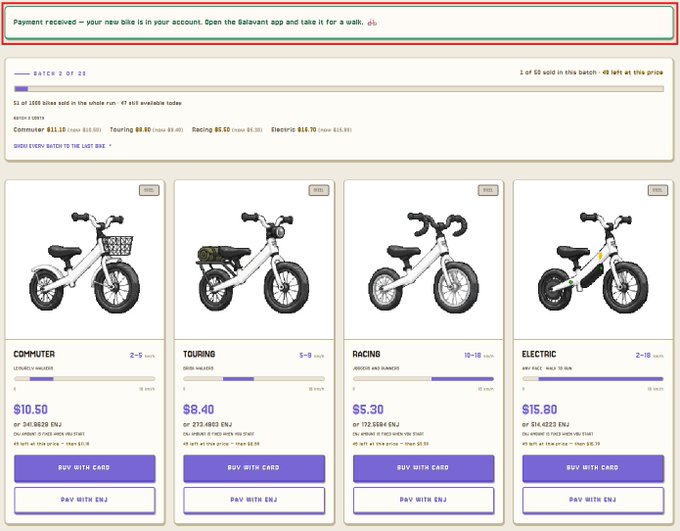 A webpage displaying a promotional sale for electric bikes with a 'Payment received' notification at the top, showing four categories—Commuter ($10.50), Touring ($8.40), Racing ($5.30), and Electric ($15.80)—as part of batch 2 of 23, with 'PAY WITH CARD' and 'PAY WITH ENJ' buttons.