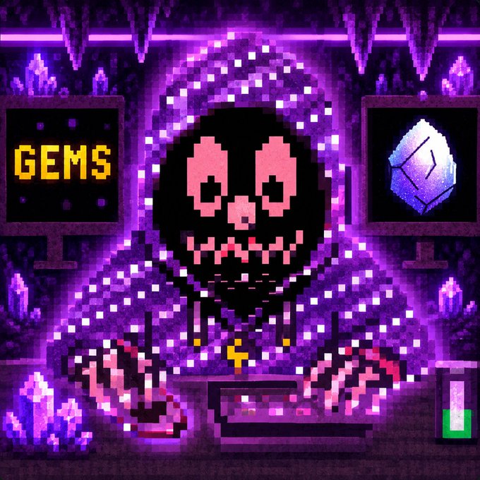 A pixel art illustration depicts a spooky hooded skeleton figure in purple robes inside a crystal cave, flanked by signs reading 'GEMS' and an image of a gem.