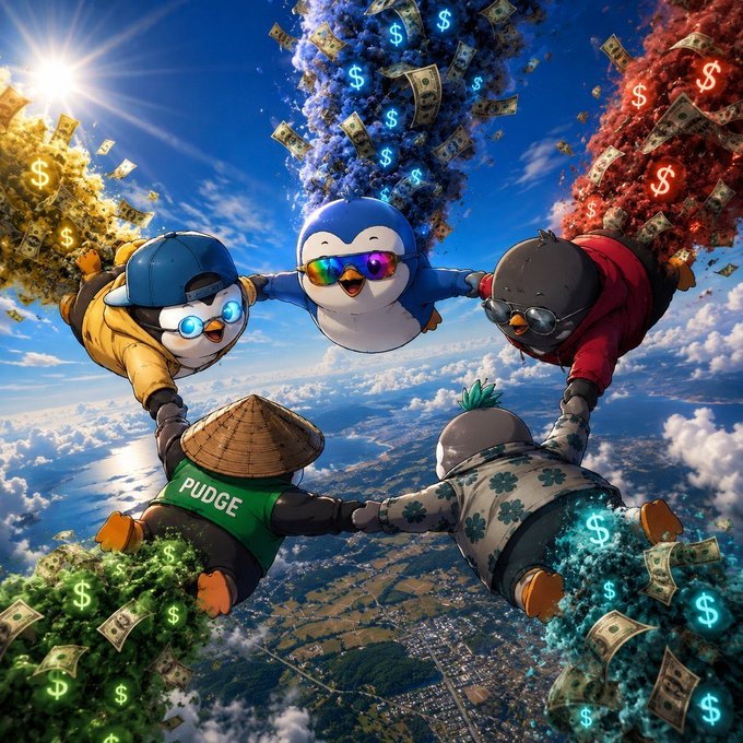 A whimsical illustration of five cartoon penguins skydiving in a circle formation while holding hands, with colorful dollar signs and money bills swirling around them above clouds.
