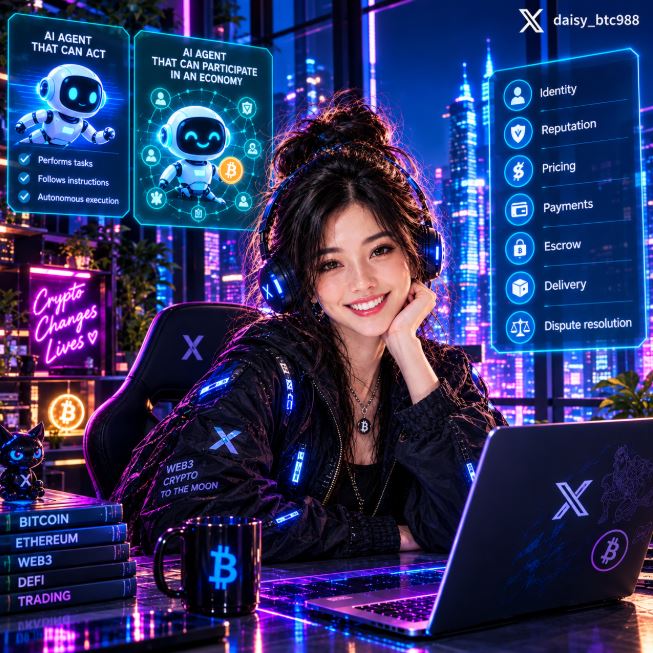 A vibrant digital artwork of a woman with headphones using a Bitcoin-themed laptop, surrounded by crypto graphics and text including "Crypto Changes Lives" and "WEB3.CRYPTO TO THE MOON", with X handles daisy_btc2077 and daisy_btc988 visible.