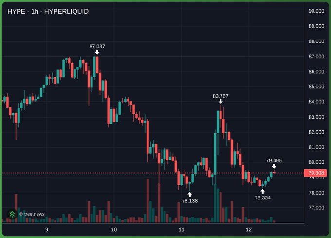 A cryptocurrency price chart for HYPE on Hyperliquid showing 1-hour candlesticks, with key price levels marked including 87.037, 83.767, 79.495, 78.334, and 78.138, sourced from tree.news.