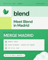 Promotional graphic with green branding for 'blend' advertising 'Meet Blend in Madrid' and 'MERGE MADRID' on October 27-29, 2026 at Solar de Marqués in Palacio de Cerverís.