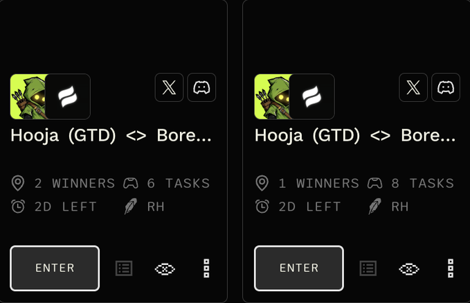 Two entry task cards for 'Hooja (GTD) <> Bore...' giveaways showing different metrics: one with 2 winners/6 tasks and another with 1 winner/8 tasks, both featuring a green goblin character and 2 days remaining.