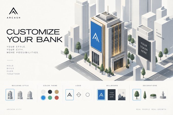 A promotional graphic for "ARCASH" featuring a stylized 3D cityscape with a customizable bank building, displaying options for building style, color theme, logo, billboard, and decorations, with the text "CUSTOMIZE YOUR BANK" and "YOUR STYLE. YOUR CITY. MORE POSSIBILITIES."
