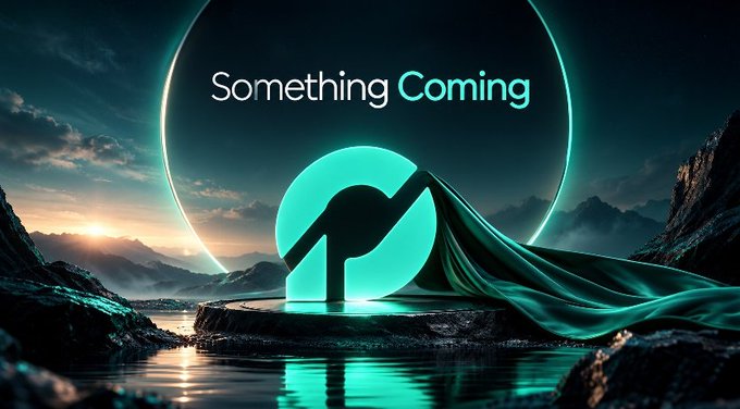 A dramatic digital artwork shows a flowing green fabric emerging from a glowing teal circle on a rocky platform, with the text 'Something Coming' displayed against a dark, mountainous sky.