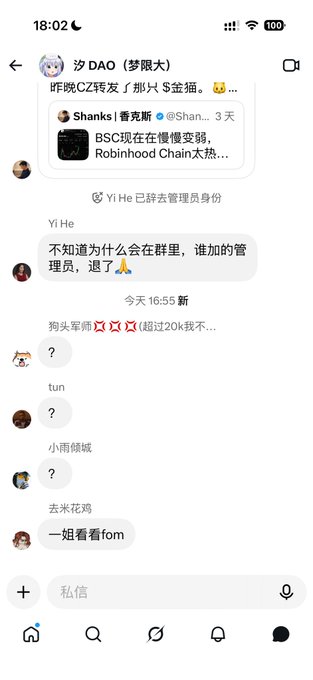 A screenshot of a Chinese crypto chat group where users exchange brief, often cryptic messages in response to a forwarded tweet about BSC and Robinhood Chain, with one user asking about an admin's identity change. The accompanying post's frustration about meaningless chatter in crypto groups is reflected by the short, ambiguous replies ("?", "一姐看看fom") that add little substance to the conversation.