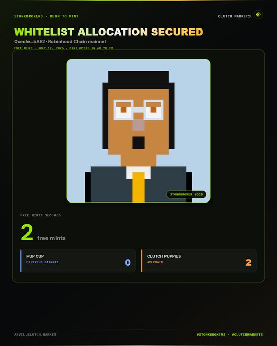 A 'Whitelist Allocation Secured' confirmation screen for StonkBrokers (BURN TO MINT) on Clutch Markets, showing a pixel art character and 2 free mints secured across PUP CUP and CLUTCH PUPPIES markets.