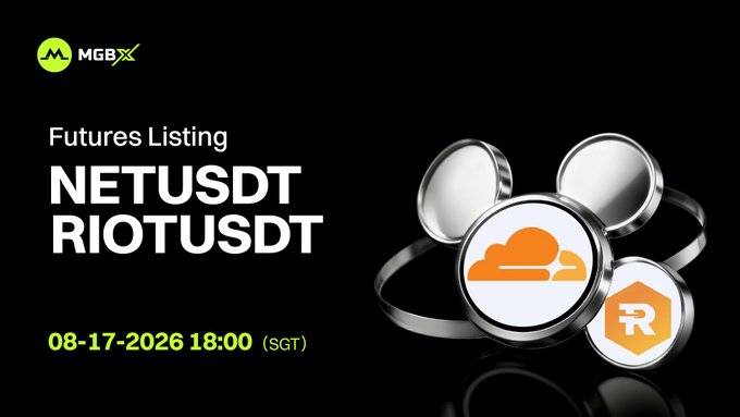 The image is a promotional graphic for MGBX announcing new futures listings for NETUSDT and RIOTUSDT pairs, with trading opening on August 17, 2026, at 18:00 (SGT). It features the MGBX logo in the top left, bold white text for the ticker symbols and launch date, and stylized 3D coin graphics on the right displaying the orange cloud-like NET logo and the white "R" on an orange hexagonal background representing RIOT.