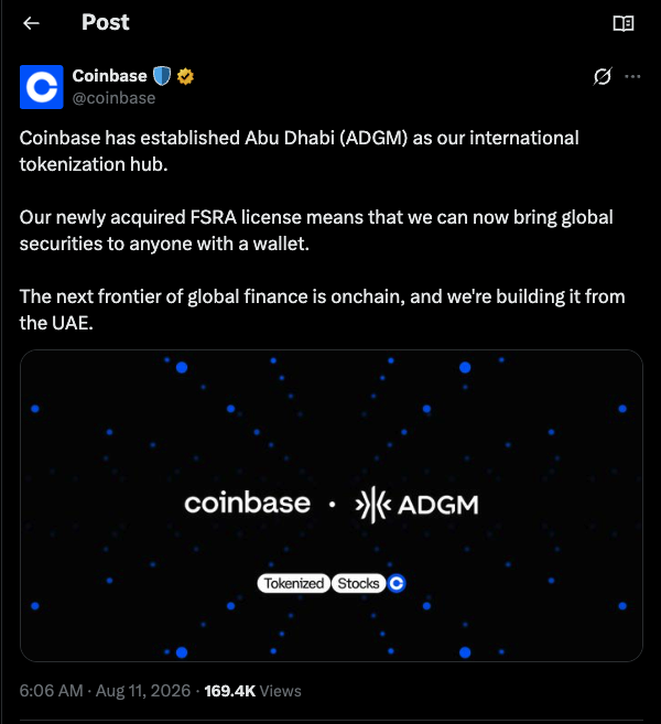 A tweet from Coinbase (@coinbase) dated August 11, 2026, announcing that Abu Dhabi (ADGM) has been established as their international tokenization hub, featuring a graphic with the Coinbase and ADGM logos.