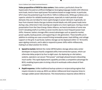 The image shows a document titled "Value-based proposition of BESS for data centers" with a "Source: Goldman Sachs Global Investment Research" header, dated July 2026. The text discusses how battery storage (BESS) can address limitations of traditional backup systems like diesel generators, citing metrics such as "up to 100%" improvement and "8-12 hour support." 

This relates to the accompanying post about $EOSE (Eos Energy) potentially partnering with a turbine company, as the document highlights benefits of BESS for data centers—supporting the user's thesis that gas turbine + battery storage combinations could be a value proposition in the energy storage space.