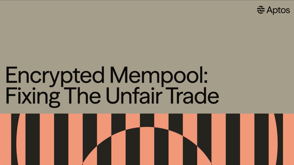The image is a graphic from Aptos featuring the headline "Encrypted Mempool: Fixing The Unfair Trade" against a muted olive background, with a stylized orange and black striped arc design at the bottom and the Aptos logo in the top right corner. It visually represents Aptos's solution to MEV (Maximum Extractable Value) exploitation by introducing encrypted mempools that hide transaction details until execution, aligning with the post's message about leveling the playing field in onchain trading.