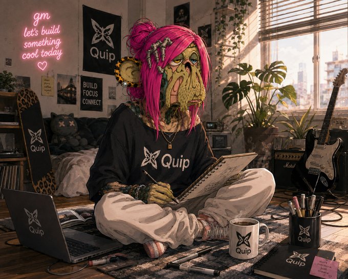 A stylized illustration of a green-skinned, pink-haired humanoid character wearing a "Quip" t-shirt and sitting cross-legged on the floor while writing in a notebook, surrounded by "Quip" branded merchandise including a laptop, mug, cup, and skateboard, with neon text reading "gm let's build something cool today" on the wall.