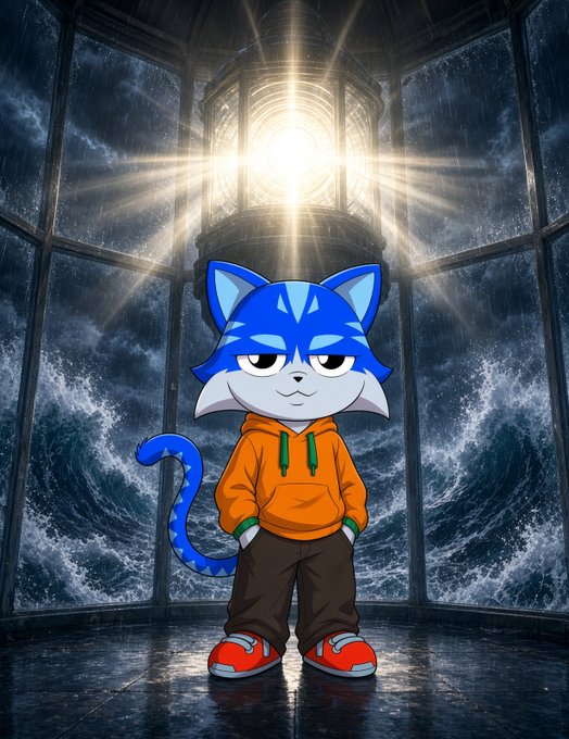 A digital illustration of an anthropomorphic blue cat character wearing an orange hoodie, brown pants, and red shoes, standing in front of a lighthouse with crashing ocean waves in the background.