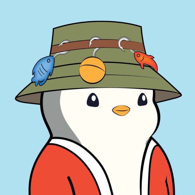 A cartoon illustration of a white penguin wearing a green bucket hat adorned with a fishing line holding a blue fish, an orange buoy, and a red fish, set against a light blue background.
