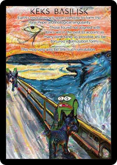 A meme-style AI-generated artwork titled 'KEKS BASILISK' featuring Pepe the Frog and dogs on a bridge in a Van Gogh 'Scream' style, with text describing a narrative about Earth's resources, rare Pepe singularity, and dark raring simulation.