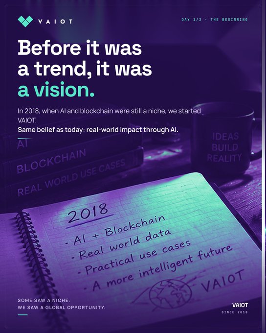 Promotional graphic for VAIOT dated 'DAY 1/5 - THE BEGINNING', stating 'Before it was a trend, it was a vision', featuring a notebook with 2018 notes on AI + Blockchain and a mug reading 'IDEAS BUILD REALITY'.
