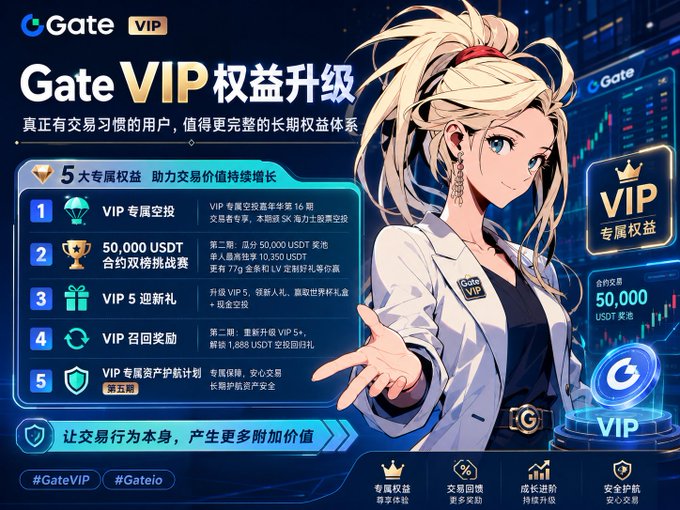 A Gate VIP promotional banner in Chinese featuring an anime character, advertising VIP benefits upgrade including exclusive airdrops, 50,000 USDT prizes, VIP 5 welcome gifts, referral rewards, and asset protection plans.