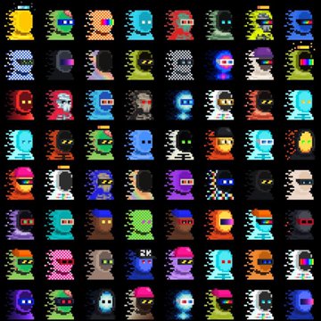 A grid displays numerous small, colorful pixel-art character icons featuring various monsters, creatures, and abstract designs on black backgrounds.