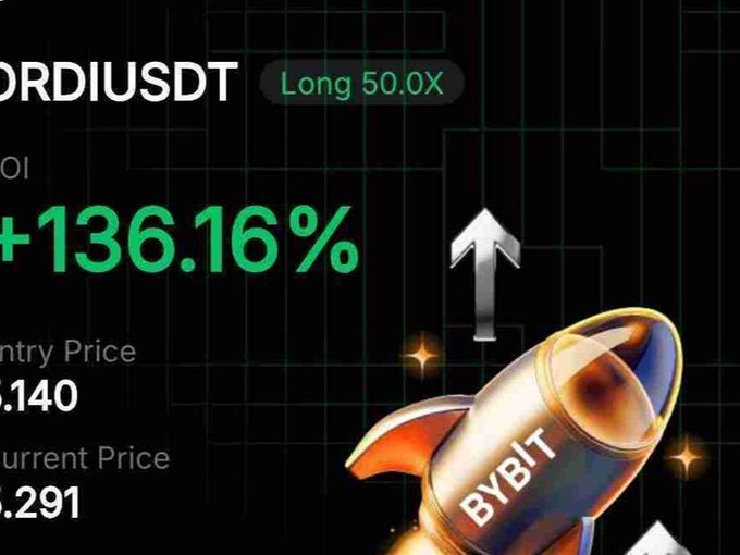 A screenshot showing a cryptocurrency trading position on Bybit with ORDI/USDT Long 50.0X showing a +136.16% gain, featuring an upward arrow and a rocket illustration with the Bybit logo.