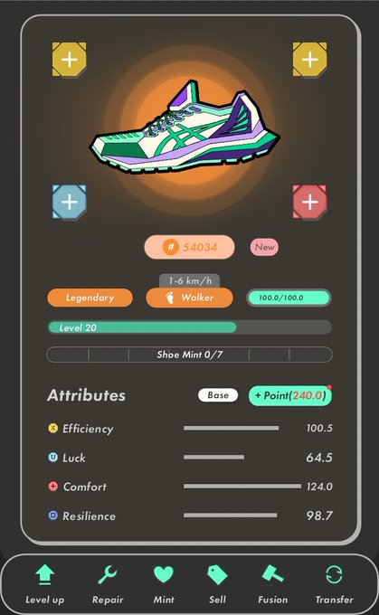 A STEPN app interface displays a green and white Legendary sneaker requiring level 20, with attributes including Efficiency 100.5, Luck 64.5, Comfort 124.0, and Resilience 98.7, showing a 54034 coin price tag and options to level up, repair, mint, sell, fuse, or transfer. The image illustrates the post about minting the sneaker into a Legendary NFT despite uncertainty about its use, with the post author noting they couldn't get a ticket but felt the shoe had decent potential.