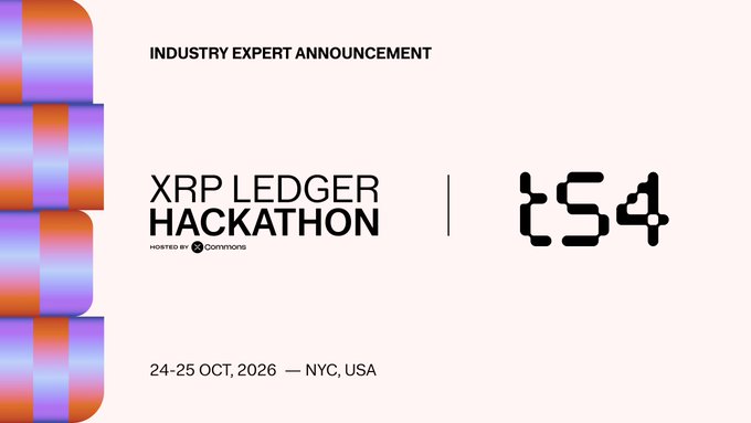 A promotional graphic for the XRP Ledger Hackathon (hosted by XRPL Commons) announces industry expert participant "t54" as a featured guest. The event is scheduled for 24-25 October 2026 in NYC, USA, and features colorful gradient geometric shapes on the left side with logos for the hackathon and t54.