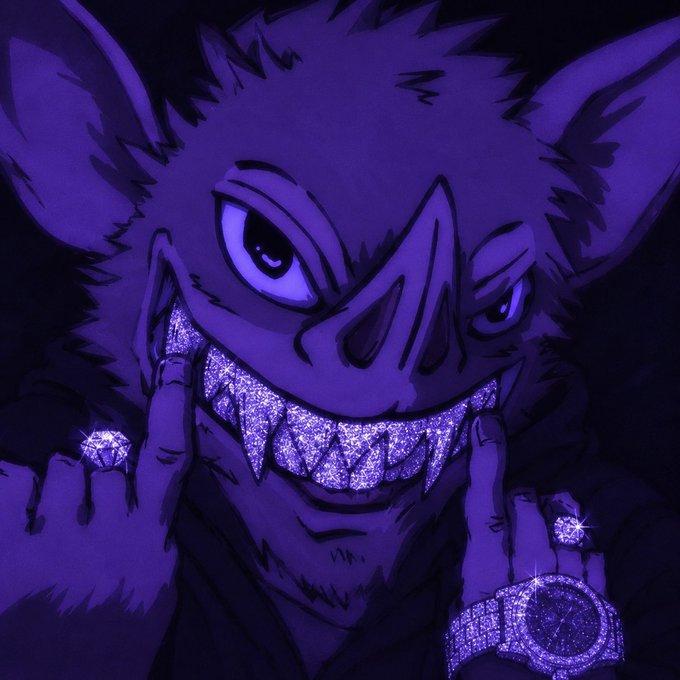 A dark purple-tinted anime-style illustration of a menacing creature with large eyes, a jagged glittering smile, and diamond rings on its fingers.