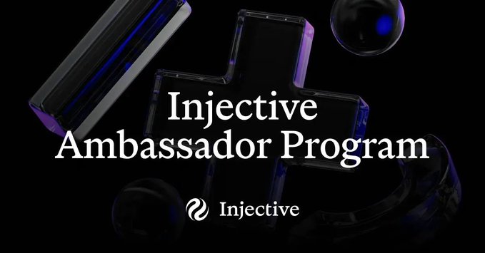 A dark, sleek promotional graphic featuring 3D-rendered glossy geometric shapes and spheres in purple and black tones, with the white text "Injective Ambassador Program" prominently displayed alongside the Injective logo, visually introducing the post's announcement about the ambassador program and its benefits for community contributors.