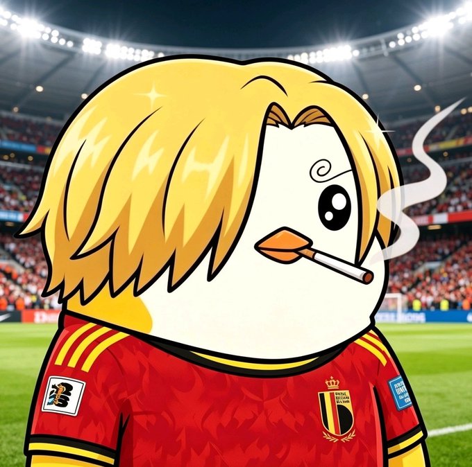 A cartoonish round character with shaggy blonde hair, a single swirly eyebrow, and a cigarette hangs a cigarette from its beak while wearing a red jersey with "BELGIUM" visible on the chest, set against a stadium backdrop. The image playfully personifies a "weekend warrior" vibe, matching the post's sentiment of a relaxed Saturday morning spent following the $RIVER community.