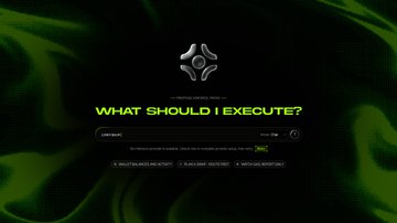 A dark web interface with green smoke background displaying 'WHAT SHOULD I EXECUTE?' prompt with a metallic emblem logo above an input field.